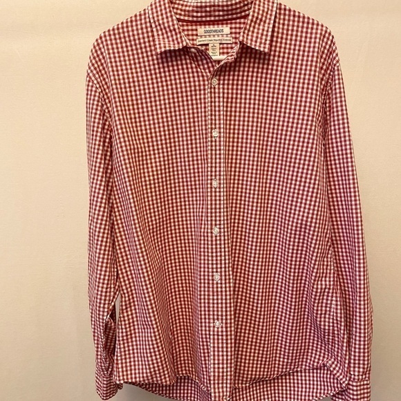 Goodthreads XL Mens Standard Long-Sleeve Gingham Plaid Poplin Shirt Red/White - Picture 2 of 5